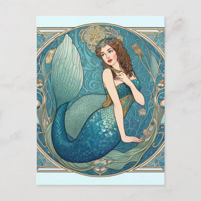 Vintage Mermaid Art Nouveau Retro Deco Teal Postcard | Zazzle