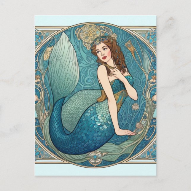Vintage Mermaid Art Nouveau Retro Deco Teal Postcard (Front)