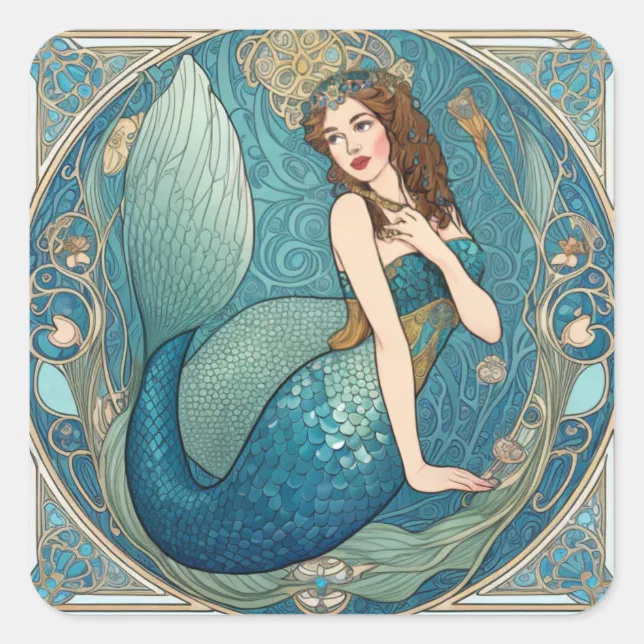 Vintage Mermaid Art Nouveau Retro Deco Teal Square Sticker | Zazzle
