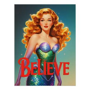 Vintage Mermaid Cartoon Art Retro Believe Poster