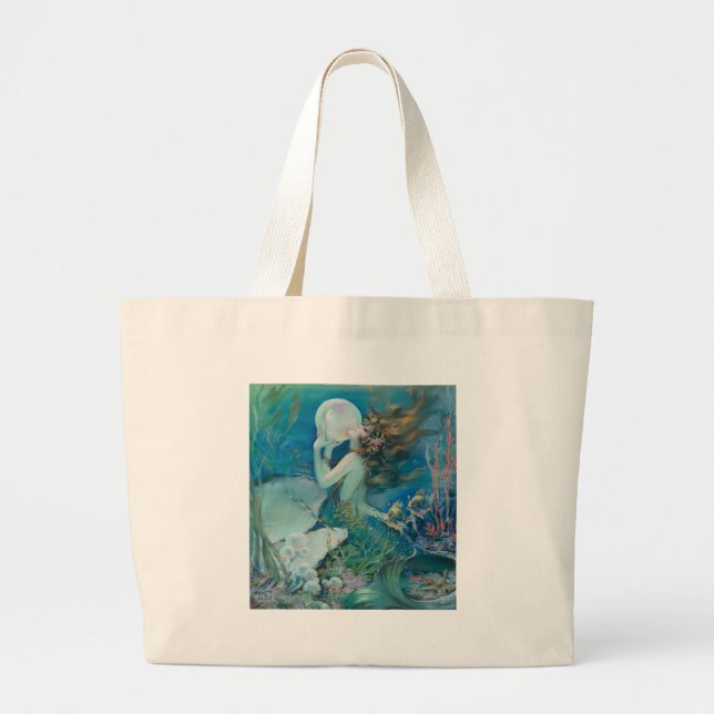 Vintage Mermaid Holding Pearl Large Tote Bag (Front)