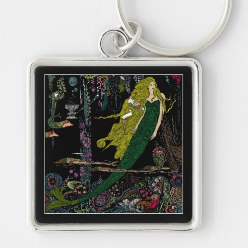 Vintage Mermaid Illustration Hand Colored Keychain