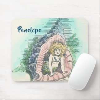 Vintage Mermaid in Conch Shell With Name Mouse Pad