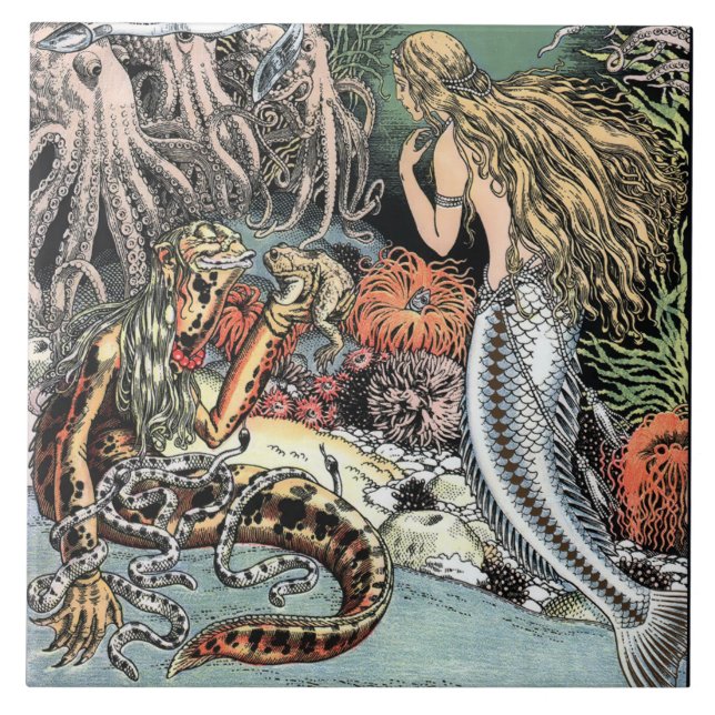 Vintage Mermaid & Octopi Ceramic Tile (Front)