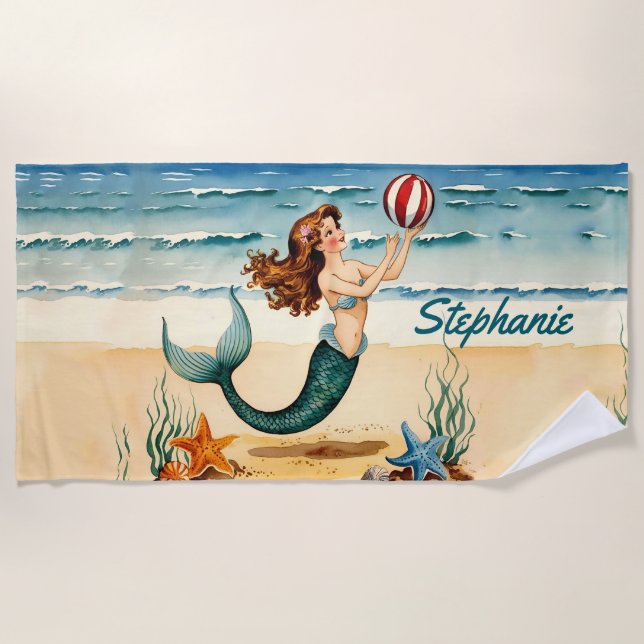 Vintage Mermaid Personalized Beach Towel (Front)