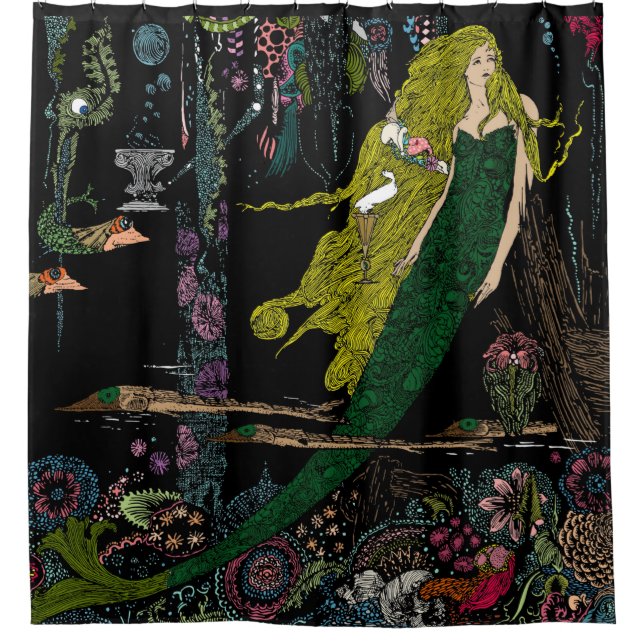 Vintage Mermaid Print Hand Colored No Border Shower Curtain (Front)
