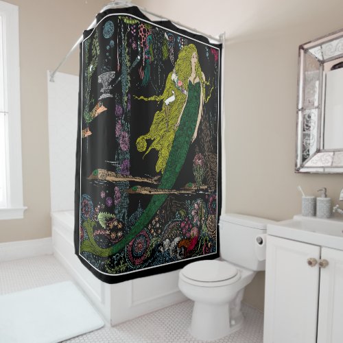 Vintage Mermaid Print Hand Colored Shower Curtain