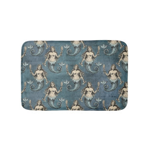 Vintage Mermaid Sea Creatures Ocean Blue Color Bath Mat