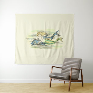 Vintage Mermaid Swimming with Dolphin Colorized Tapestry