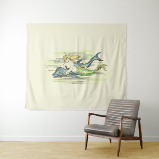 Vintage Mermaid Swimming with Dolphin Colorized Tapestry