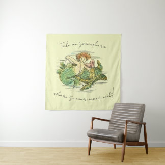 Vintage Mermaid Swimming with Sea Turtle and Quote Tapestry
