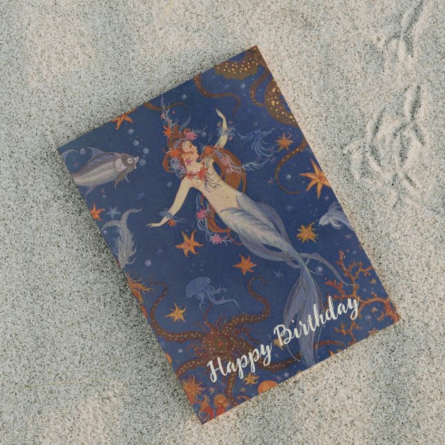 Vintage Mermaid Undersea Blue Whimsical Birthday Postcard (Creator Uploaded)