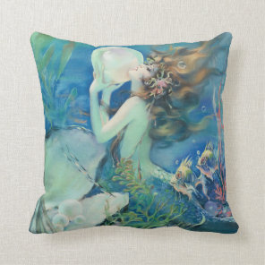 Vintage Mermaid w Pearl Nautical Ocean Nautical Throw Pillow