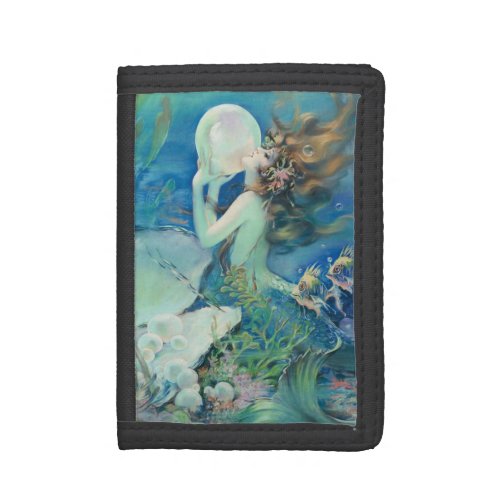 Vintage Mermaid w Pearl Nautical Ocean Nautical Trifold Wallet