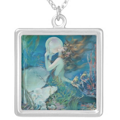 Vintage Mermaid with Pearl Square Silver Necklace