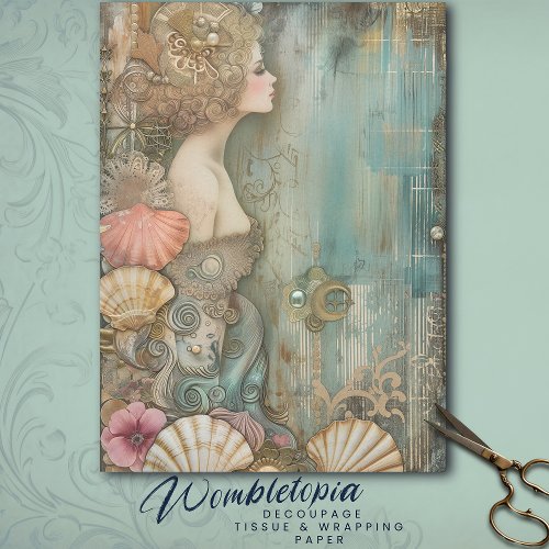  Vintage Mermaid with Sea Shells Turquoise Gold Tissue Paper