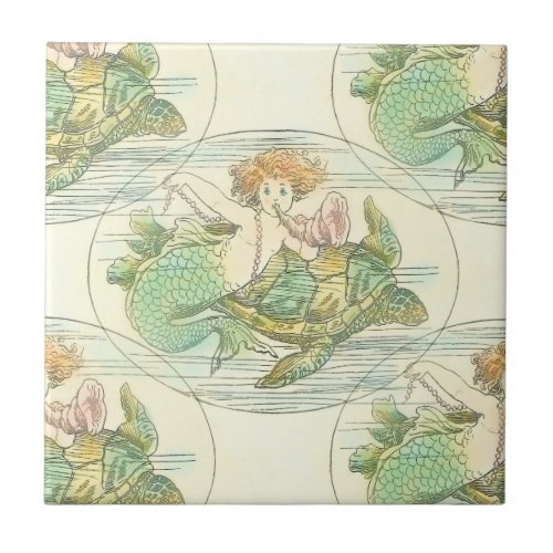 Vintage Mermaid with Sea Turtle Nautical Pattern Ceramic Tile