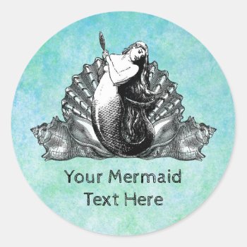 Vintage Mermaid With Seashells Classic Round Sticker by WaywardMuse at Zazzle