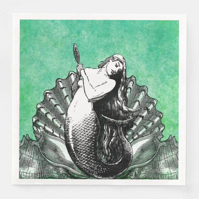 Vintage Mermaid with Seashells Paper Dinner Napkins (Front)