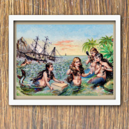 Vintage mermaids in the ocean poster
