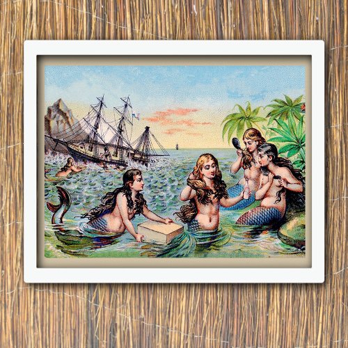 Vintage mermaids in the ocean poster