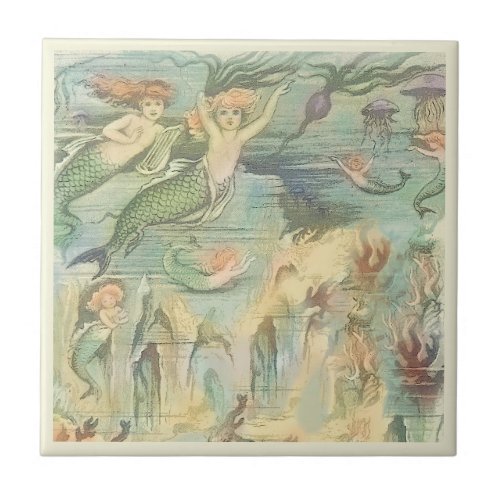 Vintage Mermaids with Coral and Jellyfish Nautical Ceramic Tile