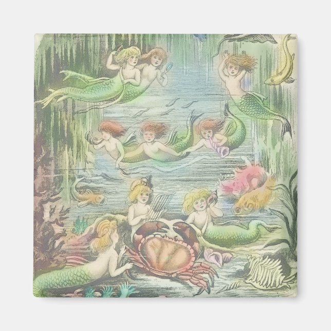 Vintage Mermaids with Crab and Fish Nautical Magnet (Front)