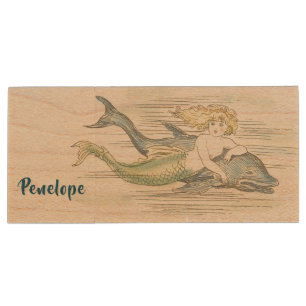 Vintage Mermaids With Name Wood Flash Drive