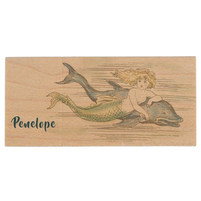 Vintage Mermaids With Name Wood Flash Drive (Back)