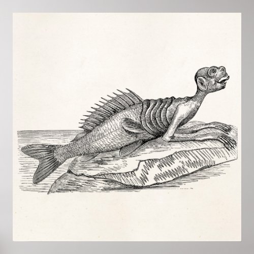 Vintage Merman Mermaid Sea Creature Monster Retro Poster