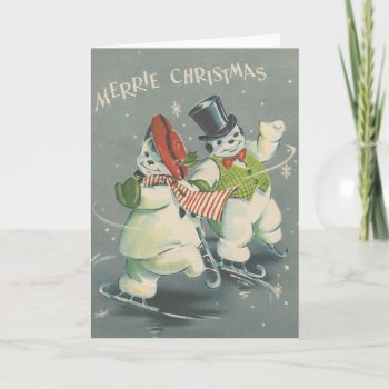 Vintage Merrie Christmas Snowman Couple Holiday Card by Gypsify at Zazzle