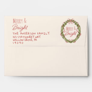 Vintage Merry and Bright Red Christmas Bow Wreath Envelope