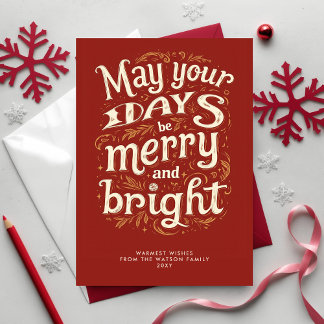 Vintage Merry and Bright Red Christmas  Holiday Postcard