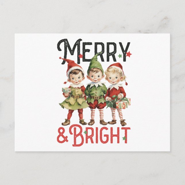 Vintage Merry & Bright Merry Christmas Holiday Postcard (Front)