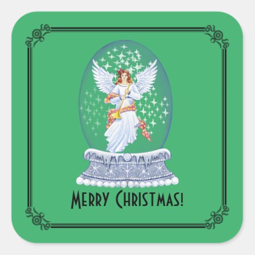 Vintage Merry Christmas Angel Sparkling Snowglobe Square Sticker