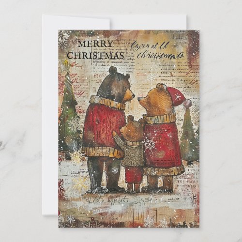 Vintage Merry Christmas Bear Family Snow Holiday Card