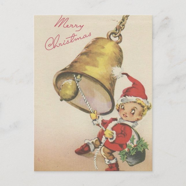 Vintage Merry Christmas Bell Ringer Holiday Postcard (Front)