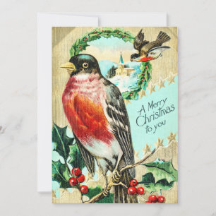 Vintage Merry Christmas Bird Holly Invitation
