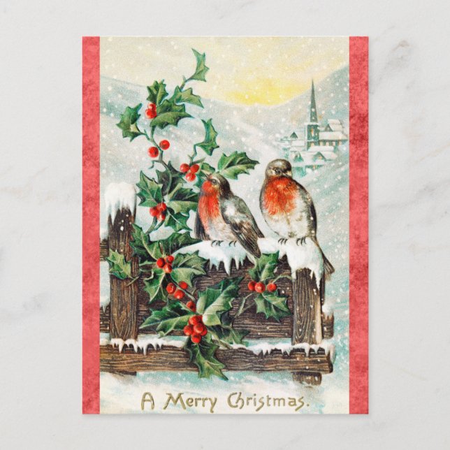 Vintage Merry Christmas Bird Holly Snow Postcard (Front)