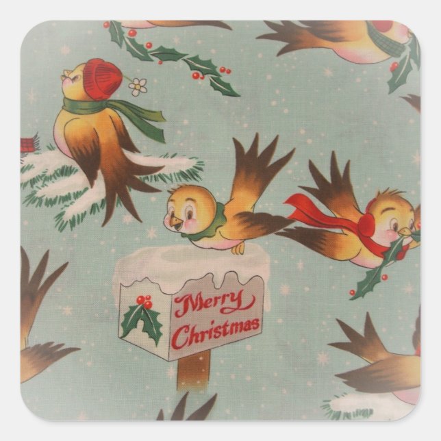 Vintage Merry Christmas Birds Square Sticker (Front)