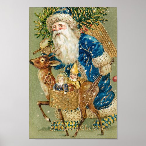 VINTAGE MERRY CHRISTMAS BLUE SANTA CLAUSE POSTER