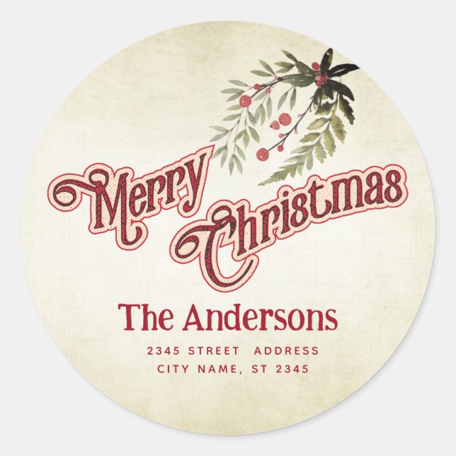 Vintage Merry Christmas botanical holly  Classic Round Sticker (Front)