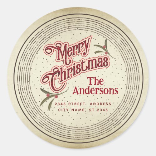 Vintage Merry Christmas botanical holly  Classic Round Sticker