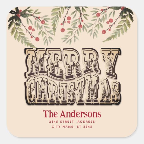 Vintage Merry Christmas botanical holly  Square Sticker