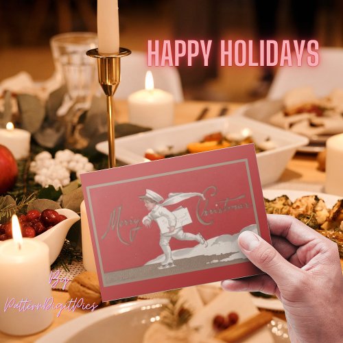 Vintage Merry Christmas Boy Postman Sliding on Ice Holiday Card