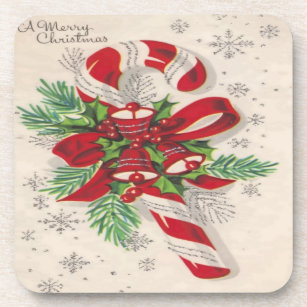 Vintage Merry Christmas Candy Cane Beverage Coaster