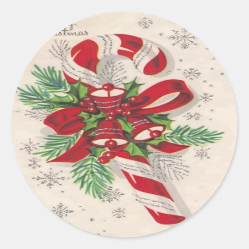 Vintage Merry Christmas Candy Cane Classic Round Sticker