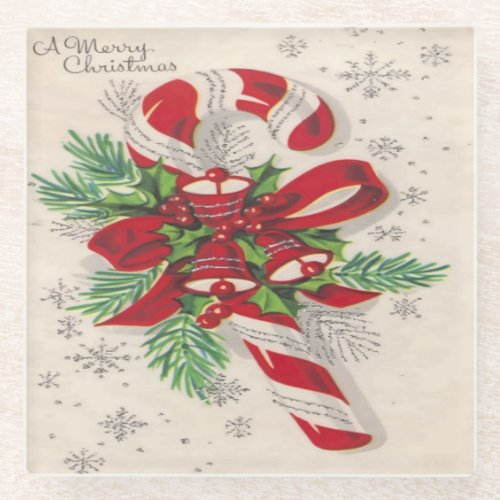Vintage Merry Christmas Candy Cane Glass Coaster
