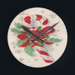 Vintage Merry Christmas Candy Cane Round Clock<br><div class="desc">Vintage Merry Christmas Candy Cane is a vector illustration of a Christmas decoration associated with St Nicholas Day through Boxing Day. Candy cane with its red and white colors is perfect for the national candy cane day festive holiday. Celebrate the Christmas Holiday season with this cute candy cane graphic! The...</div>