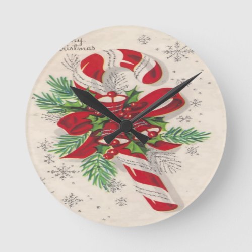 Vintage Merry Christmas Candy Cane Round Clock